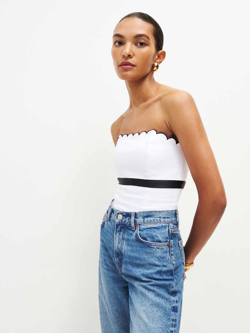 Reformation Evelyn Linen Strapless Scallop-Edge Top with Contrast Band